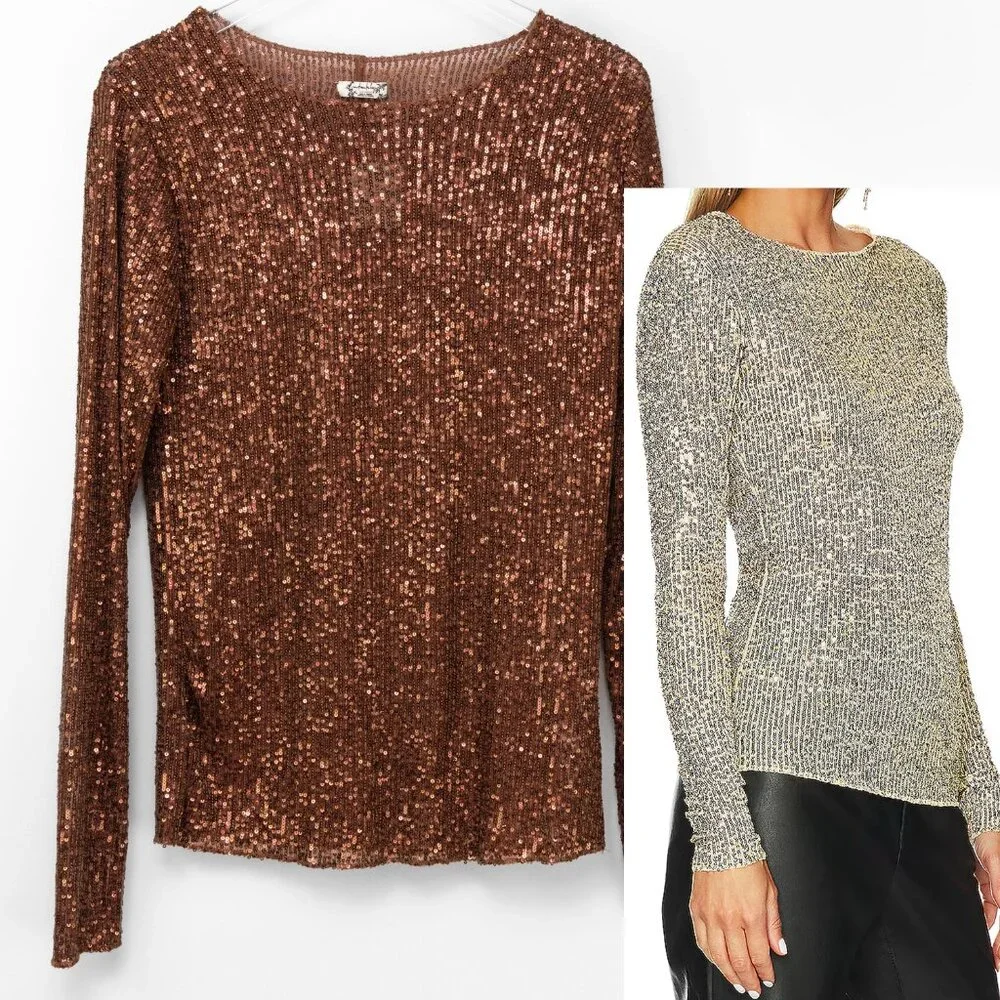 Free People Rush Top Long Sleeve Sequin Shirt Hot Chocolate Brown Size Large New - Picture 1 of 7